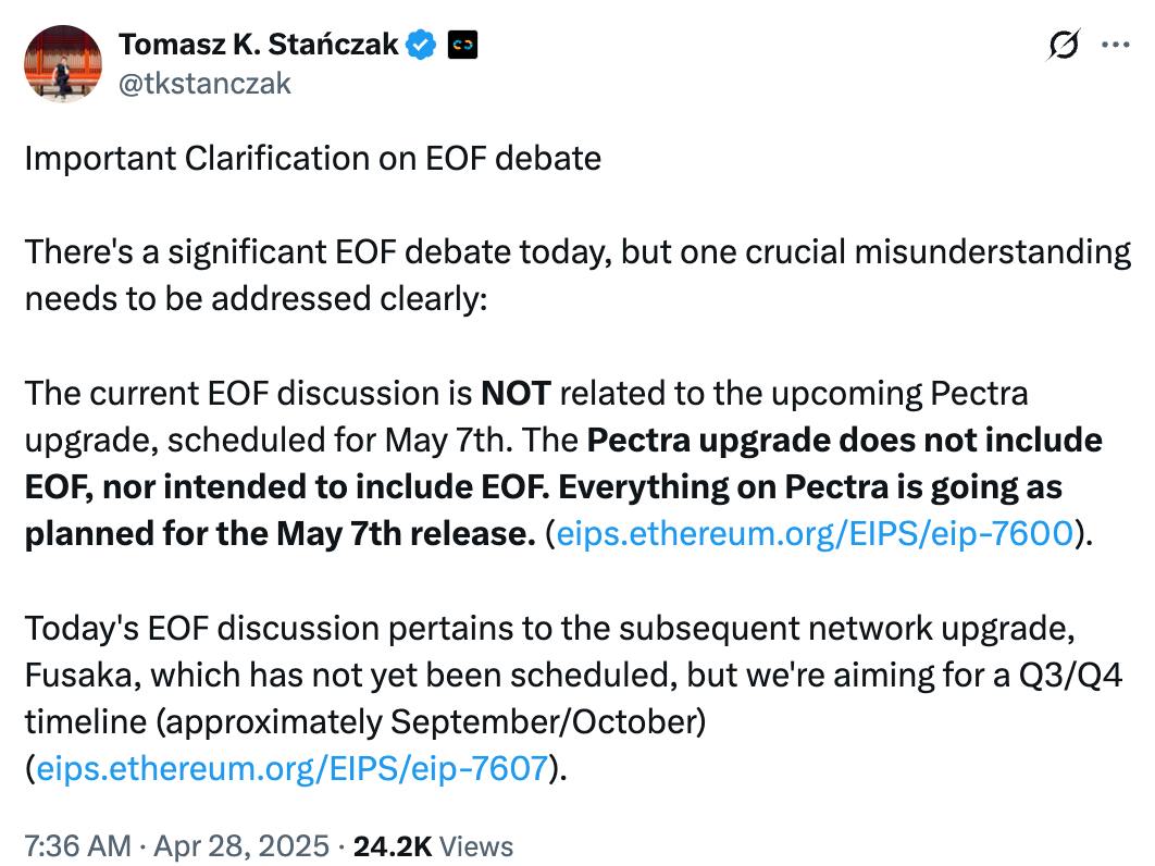 Ethereum готовит Fusaka на конец 2025 года: новое обновление изменит формат контрактов  Томаш Станчак  Ethereum Foundation  подтвердил: шумиха вокруг EOF не касается ближайшего обновления Pectra  релиз 7 мая . Pectra проходит по плану, без внедрения EOF.  А вот крупное обновление Fusaka с EOF запланировано на 3–4 квартал 2025 года — ориентировочно сентябрь–октябрь.   Pectra  EIP-7600  Fusaka  EIP-7607
