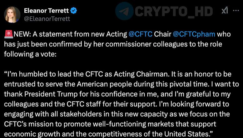 FOX: Кэролайн Фэм  наша  официально вступила в должность главы CFTC.  Crypto Headlines