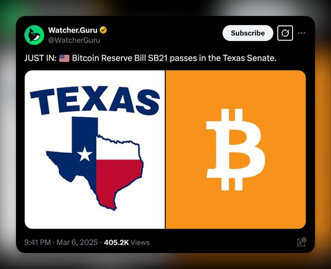 Техас утвердил законопроект о Биткоин-резерве    Сенат Техаса принял законопроект SB21, который направлен на создание государственного резерва в Биткоине.    Это делает Техас первым штатом США, официально закрепляющим Биткоин в качестве стратегического актива.  Детали реализации и объемы резервов пока неизвестны.   Мое мнение: Ура, первый пошел!