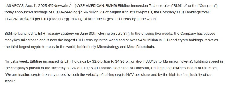 BitMine Immersion Technologies  BMNR  за пять недель с запуска ETH-стратегии довела свои запасы до рекордных 1,15 млн ETH на $4,96 млрд, став крупнейшим держателем ETH в мире.   Торговый клуб   Поддержка
