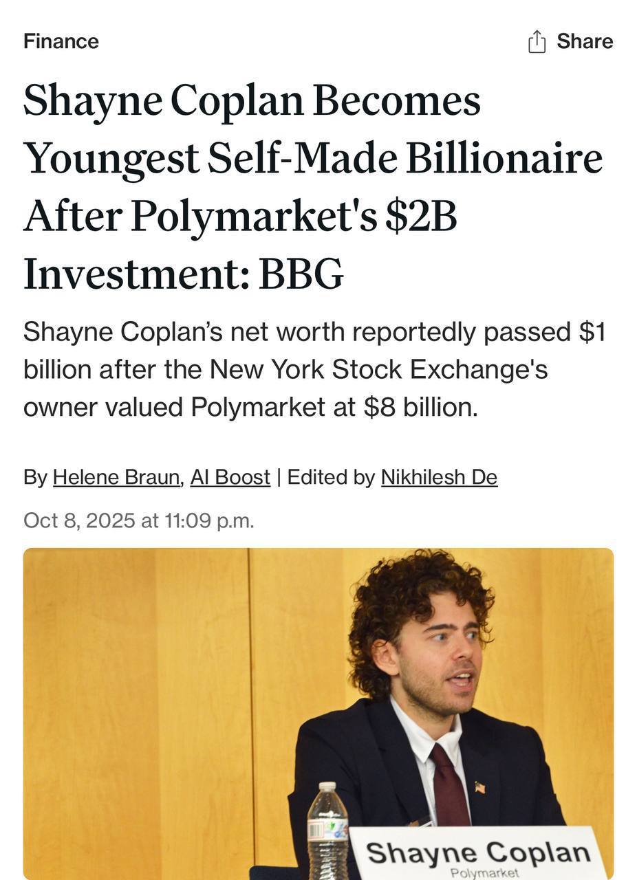 Основатель Polymarket Шейн Коплан стал самым молодым миллиардером из состоянием в 1 миллиард Это случилось после объявления инвесторов о вложении 2 миллиарда в компанию Polymarket платформа для прогнозов была основана в 2020 году когда Коплану было 22 года Финансист Бизнес Подержать канал