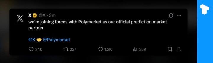 Соцсеть X официально объявила о партнерстве с Polymarket, крупнейшей в мире платформой рынка прогнозов. Пользователи X теперь смогут делать ставки на будущие события — от выборов до экономических тенденций. Телеграм Х Сообщество Источник