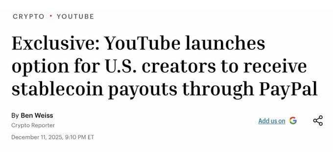 YouTube начал предлагать авторам контента в США возможность получать свои доходы в стейблкоине PayPal USD PYUSD Глава отдела криптовалют PayPal Мэй Забане подтвердила что YouTube не приходится напрямую работать с криптовалютой PayPal берет на себя все технические и регуляторные сложности по конвертации и хранению позволяя YouTube работать с традиционными фиатными переводами PRO YouTube