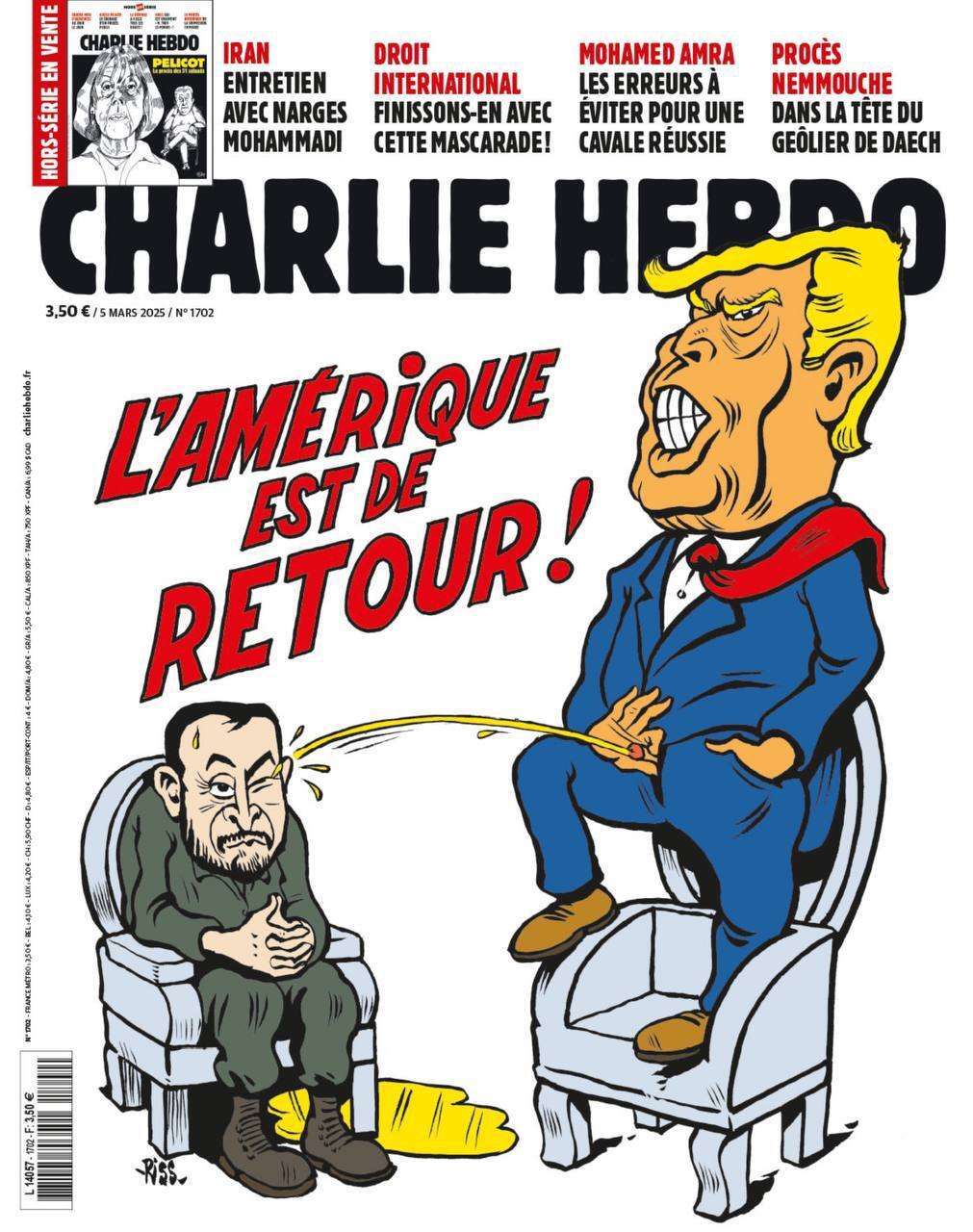 «Америка вернулась!»  Французский журнал Charlie Hebdo проиллюстрировал встречу в Белом доме