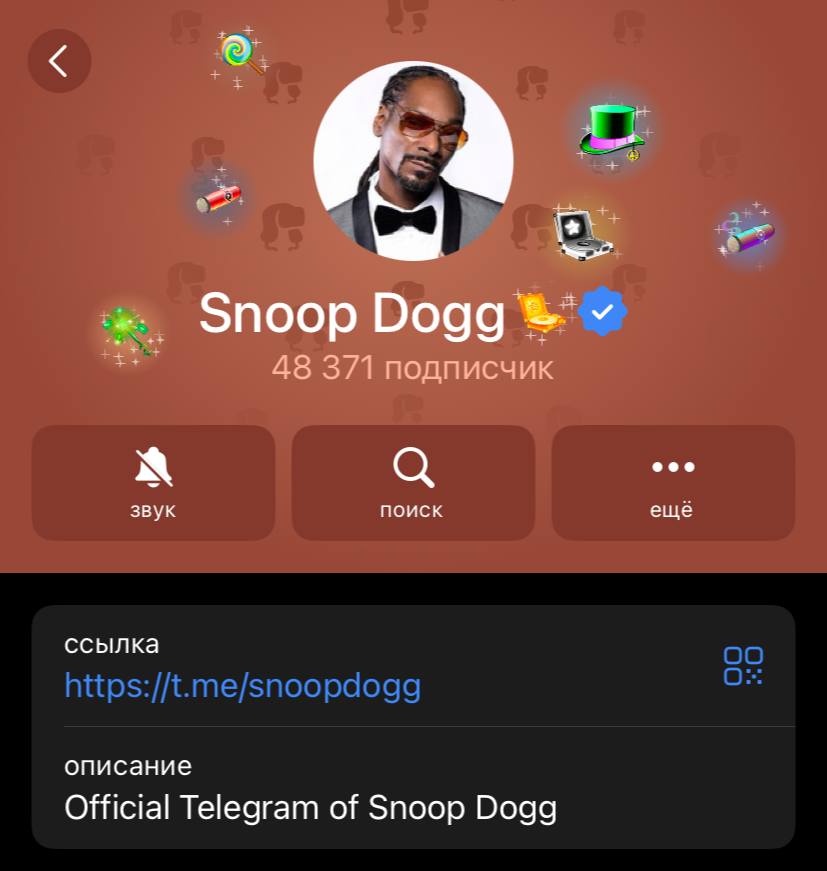 В телеграмм появился якобы официальный канал Snoop Dogg. Канал сразу получил официальную галочку и его стали забрасывать подарками, даже Pepe подарили.