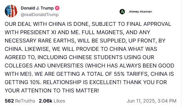 Трамп заявил, что США и Китай заключили торговое соглашение Наша сделка с Китаем завершена, при условии окончательного одобрения мной и Си Цзиньпином. В итоге мы получаем тарифы в размере 55%, а Китай — 10%. Отношения между нами отличные. Спасибо за внимание к этому вопросу!