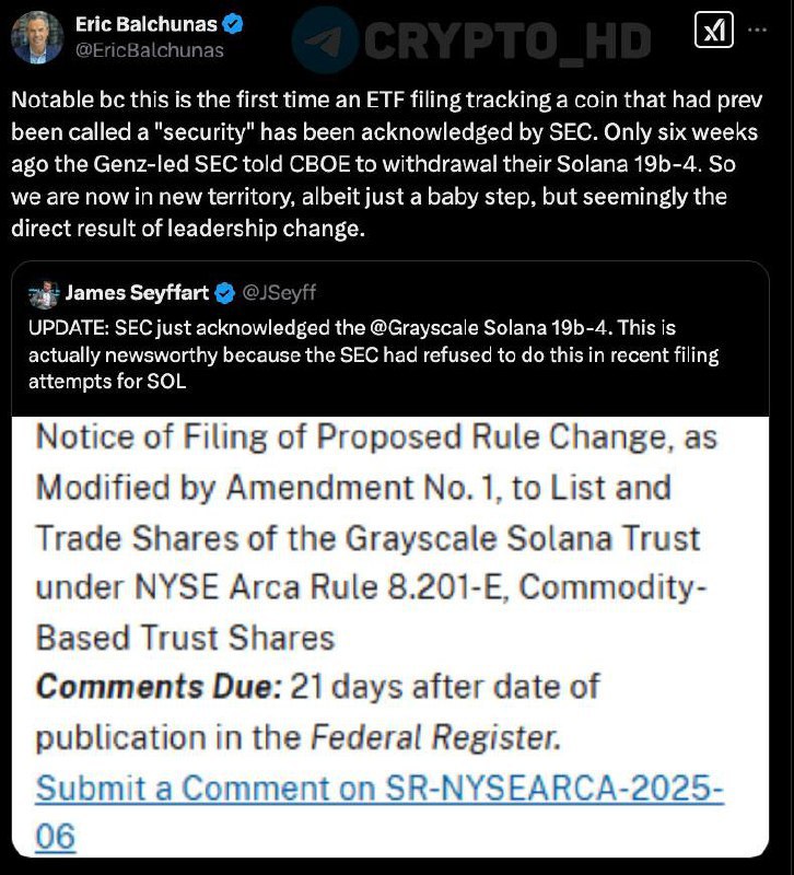 #sol #xrp  Eric Balchunas: SEC приняла на рассмотрение заявку на запуск Solana ETF от Grayscale.  Регулятор впервые признал заявку на запуск ETF на альткоин, который ранее называл «ценной бумагой».  ++ Биржа Cboe подала заявки  форма S-1  на листинг Ripple ETF от Bitwise, WisdomTree, Canary и 21Shares – Nate Geraci  Вчера: Litecoin ETF  Crypto Headlines