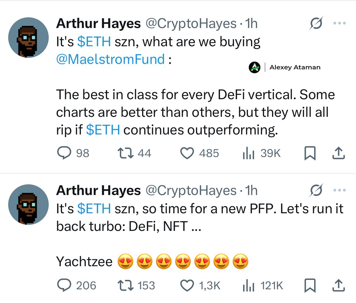 Артур Хейс заявил, что начался "Сезон Ethereum”  "DeFi и NFT-рынки получат новые возможности благодаря лидерству #ETH в децентрализованных финансах".  А сейчас мы видим как перфомит #ETH — выше $3160, что является максимум с 2 февраля.  А пока целимся в $3200-$3400, где должны получить откат    Очень активно везде начали говорить про альтсезон и его признаки.  Есть момент: холдеры покупали ETH ещё по $3200 в 2024 году, а это значит, что они ещё не в бу    Несомненный плюс к росту прибавляют данные с отчетов, что у инвесторов растет предпочтение к ETH по сравнению с BTC на фоне растущего интереса к стейкингу и подготовки к ключевым обновлениям экосистемы.  За последние 12 недель приток ETH составил около 19,5% от общего объёма активов под управлением  AuM  по сравнению с 9,8% для BTC.    Ataman Crypto     Чат   Bybit   Блог   Телеграм