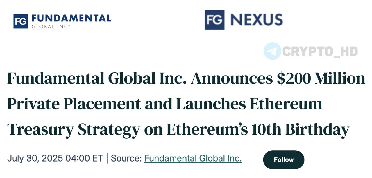 #ETH В FG Nexus привлекли $200,000,000 для покупки Ethereum. Компания Fundamental Global переименовалась в FG Nexus и запускает стратегию по накоплению эфира ETH как основного резервного актива. Привлечено: $200,000,000 через частное размещение 40 млн варрантов по $5 . Инвесторы: Galaxy Digital, Kraken, Hivemind, Syncracy, DCG и другие. Цель: получать доход от стейкинга ETH и использовать актив для выхода на рынок токенизированных RWA. Управление: ⊹ Galaxy отвечает за казначейство и стейкинг. ⊹ Kraken поддерживает стейкинг-инфраструктуру. ⊹ Стратегию возглавит блокчейн-пионер Мая Вуйинович. ⊹ Советник — экс-глава TD Ameritrade Джо Моглия. Ранее: ETH - новый стандарт Crypto Headlines