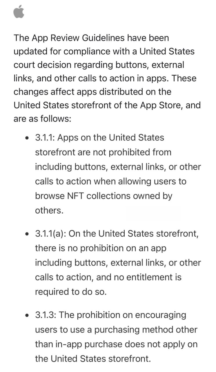 Как будут работать криптоплатежи в экосистеме Apple: 1 Функция будет доступна только на территории США. 2 Приложения смогут принимать криптовалюту напрямую, минуя App Store и его комиссию в 30%. 3 Мобильные приложения NFT-маркетплейсов получат возможность продавать и покупать токены напрямую ранее это было запрещено . 4 Для покупки криптовалюты потребуется прохождение процедуры KYC.
