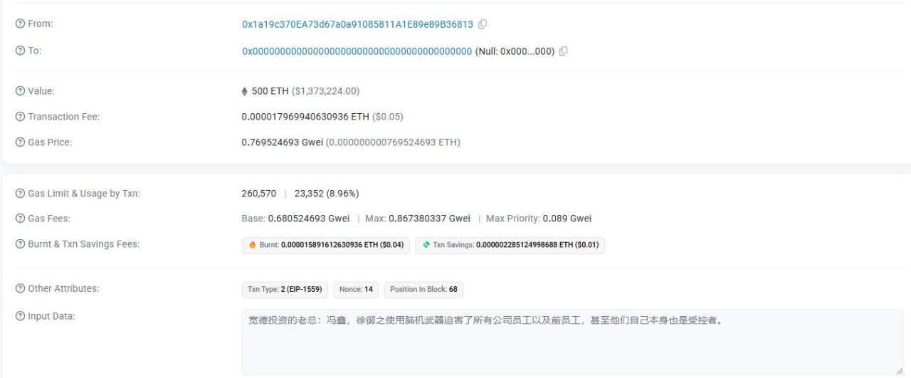 500 ETH были отправлены на адрес сжигания  Кто-то отправил 500 ETH на адрес, с которого невозможно вывести средства, так как он используется без приватного ключа.    Отправитель оставил сообщение на китайском. Вот его перевод: "Фэн Синь и Сюй Юйчжи использовали «мозговое» оружие для преследования всех сотрудников компании, а также бывших сотрудников, даже если они сами были подконтрольны."