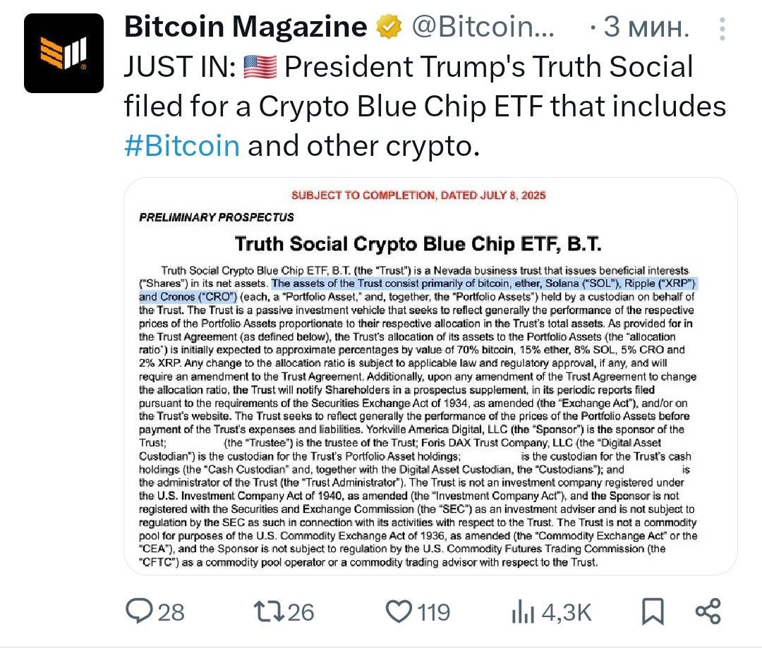 Компания президента Трампа Truth Social подала заявку на создание криптовалютного ETF, включающего Bitcoin и другие криптовалюты из числа "голубых фишек". - поддерживайте канал реакцией - подписывайтесь на Крипто Твиты