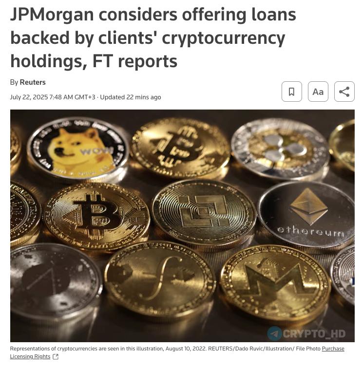 #инсайд #eth В банке JPMorgan хотят начать выдавать кредиты под залог BTC и ETH уже в 2026 году! FT Сейчас уточняет детали: лимиты и типы клиентов. Для хранения криптовалюты рассматривается внешний кастодиан Coinbase и/или Zodia Custody . Ранее: Джейми Даймон переобуется? Crypto Headlines