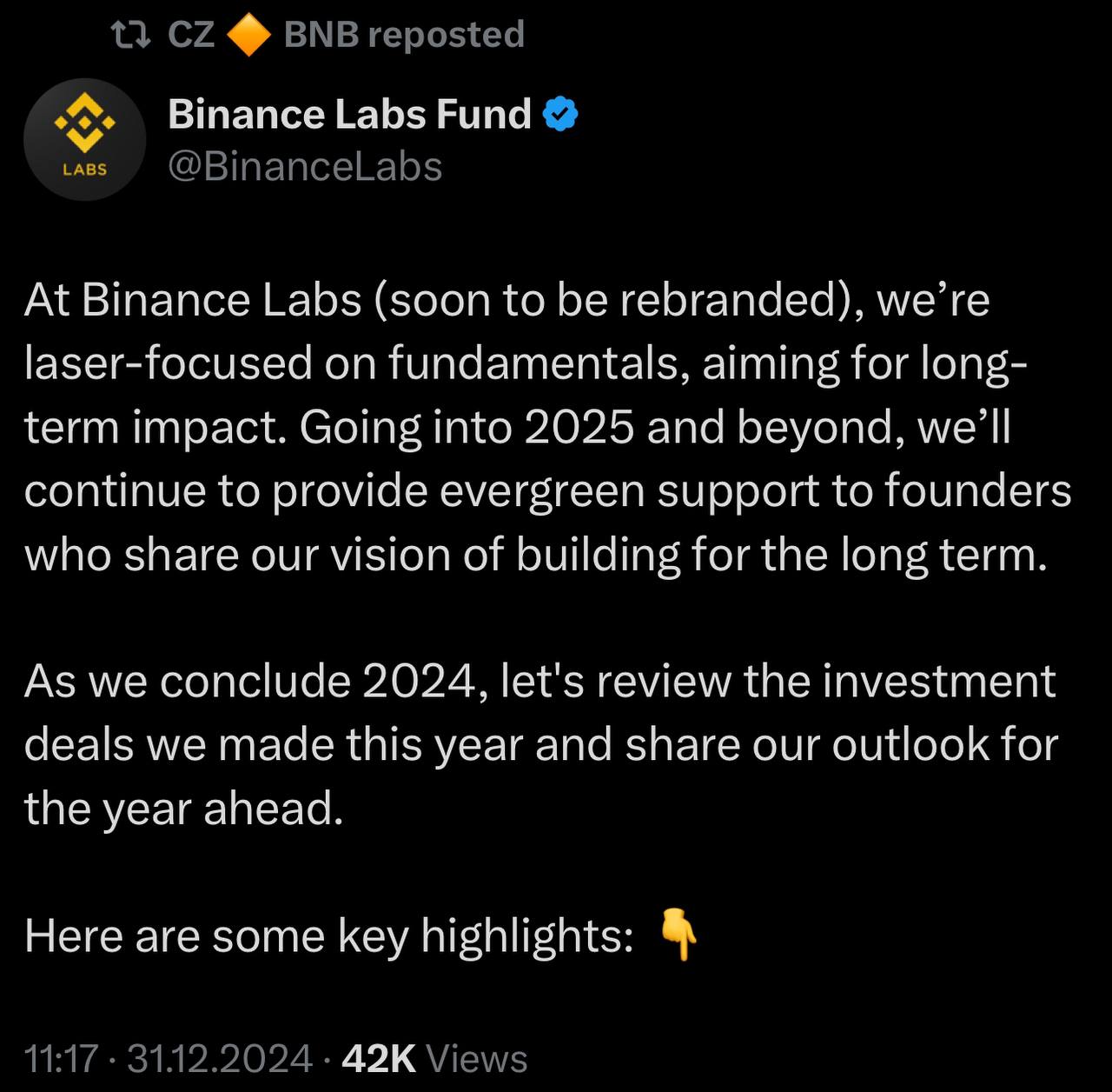 Binance Labs планує провести ребрендинг.   Інвестиційний підрозділ Binance підбив підсумки року і анонсував плани на наступний рік.   Загалом, 46 інвестиційних проєктів: половина з них стосується інфраструктури, інша половина — додатків.   Плани на 2025 рік включають акцент на блокчейн, штучний інтелект і біотехнології. Очікується значне зростання DeSci, стейблкоїнів, ZK та рішень для забезпечення приватності.   CZ повернувся і бере активну участь у проєктах.   Розширення інвестиційної діяльності включає первинний ринок, OTC, вторинний ринок і ліквідність.   Binance Labs підтримує проєкти з реальним використанням, сильними командами та стійкими бізнес-моделями.   CryptoFace