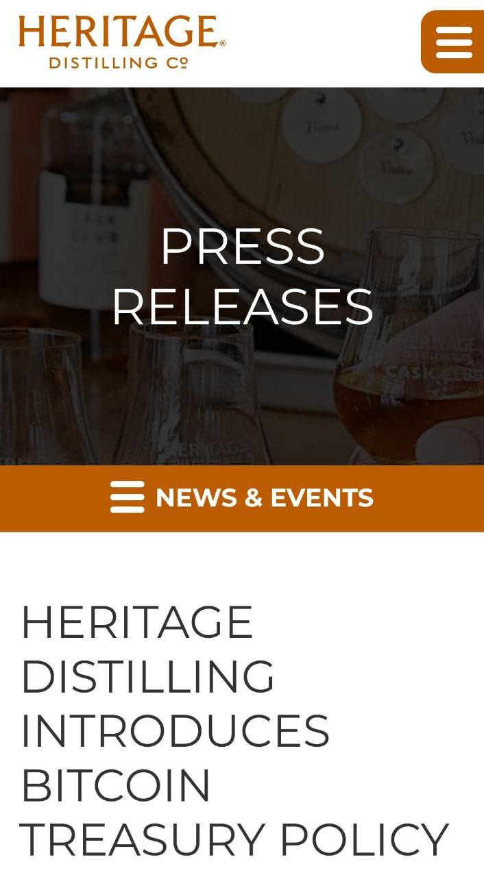 Публичная компания Heritage Distilling приняла Bitcoin в качестве стратегического резервного актива и будет принимать BTC в качестве оплаты