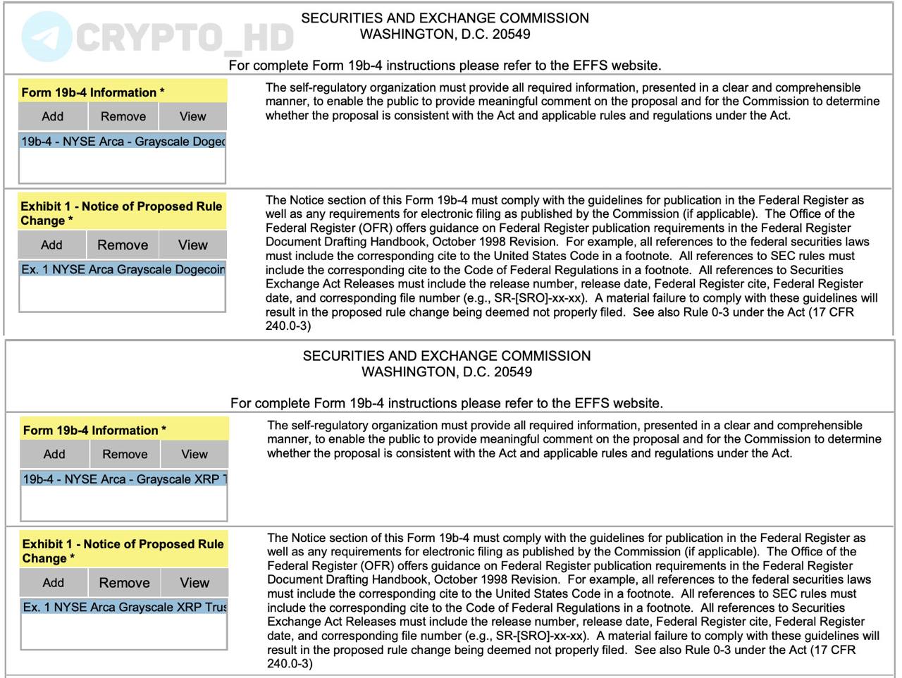 Биржа NYSE подала заявки в SEC на преобразование трастов Grayscale в спотовые ETF на #DOGE и #XRP.    Форма 19b-4 на Dogecoin ETF – ссылка   Форма 19b-4 на Ripple ETF – ссылка  Ранее: вероятность запуска  Crypto Headlines