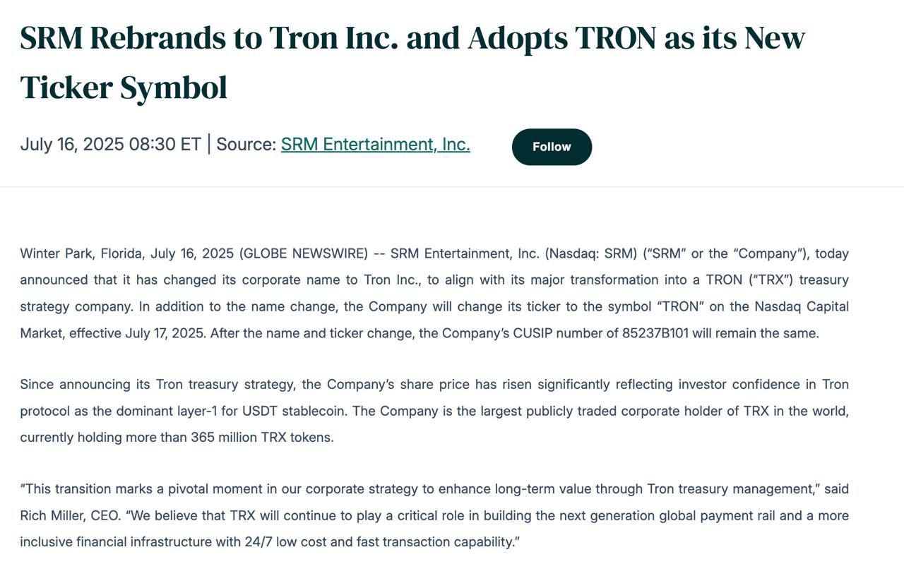 Листинг акций TRON на Nasdaq запланирован на 17 июля. Публичная компания SRM Entertainment была переименована в Tron Inc, и вскоре тикер на Nasdaq изменится с SRM на TRON. Tron Inc станет аналогом Strategy Майкла Сэйлора , но с резервом TRX. Оставайтесь в курсе последних новостей вместе с
