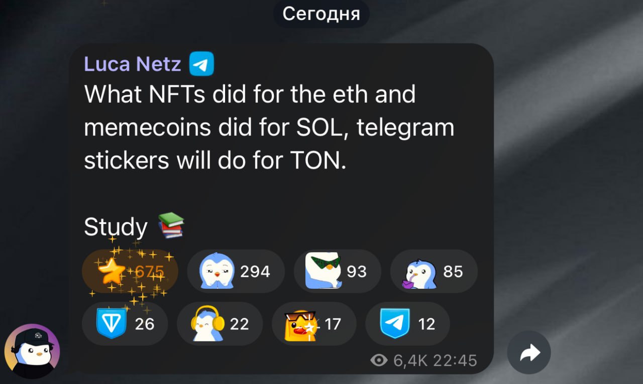 Команда тех самых Пингвинов в своем Telegram канале сообщили следующее — "То, что NFT сделали для ETH, а мемкоины — для SOL, стикеры Telegram сделают для TON"  Аккаунт в Twitter подтверждает то, что канал с данным постом в Telegram принадлежит команде Пингвинов.  Последняя надежда на вас Пингвины!    Мнение?  Rouzii Crypto   Chat