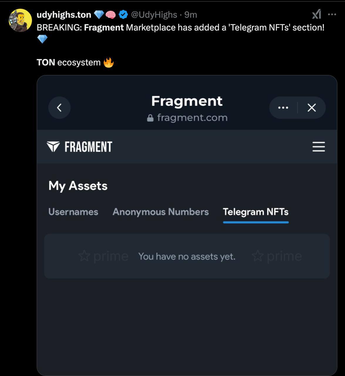 На платформе Fragment появилась новая вкладка для Telegram NFTs.   В ближайшее время пользователи смогут продавать коллекционные подарки, а в следующих этапах планируется внедрение NFT-стикеров, аватаров и других новинок.  Оставайтесь в курсе последних новостей вместе с