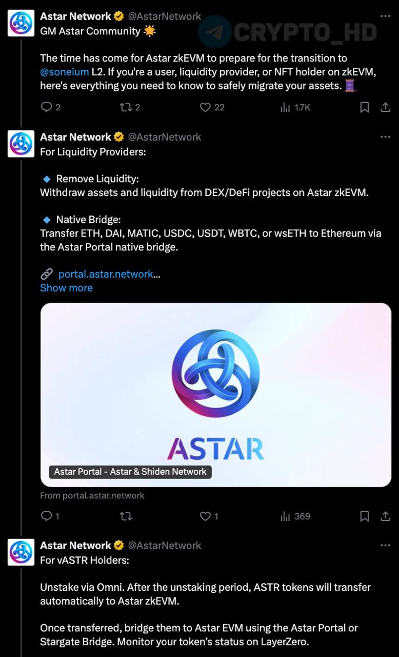 #ASTR В феврале начнется процесс миграции Astar zkEVM на Soneium  блокчейн от Sony  – анонс  Ранее: - стейблкоин - тестнет Soneium  Crypto Headlines