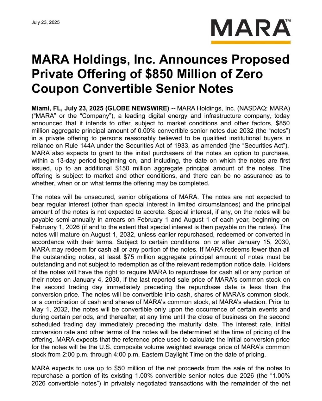 Одна из крупнейших майнинговых компаний MARA Holdings привлечет $850 млн через выпуск конвертируемых облигаций Часть средств пойдёт на дополнительные покупки биткоинов Crypto Chat Exchange ADS