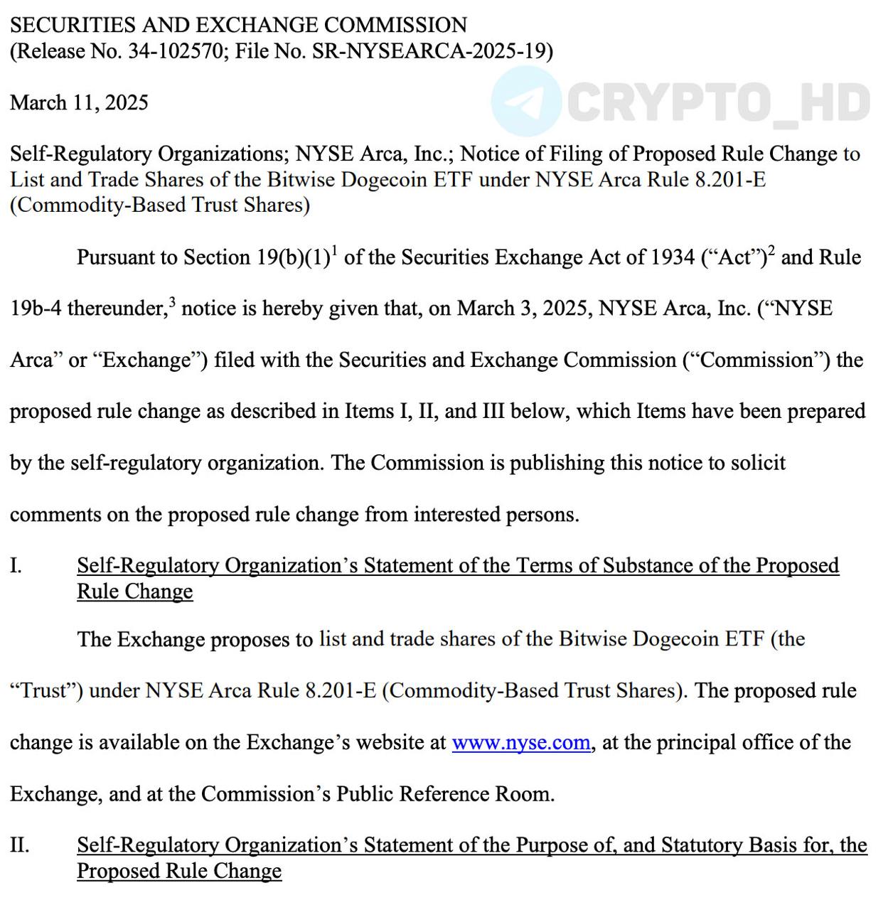 #DOGE SEC приняла на рассмотрение заявку на запуск Dogecoin ETF от Bitwise!  документ   Крайний срок решения SEC = 240 дней после добавления в фед. реестр  этот период разбит на 4 этапа: 45 дней, 45 дней, 90 дней и 60 дней .  Crypto Headlines