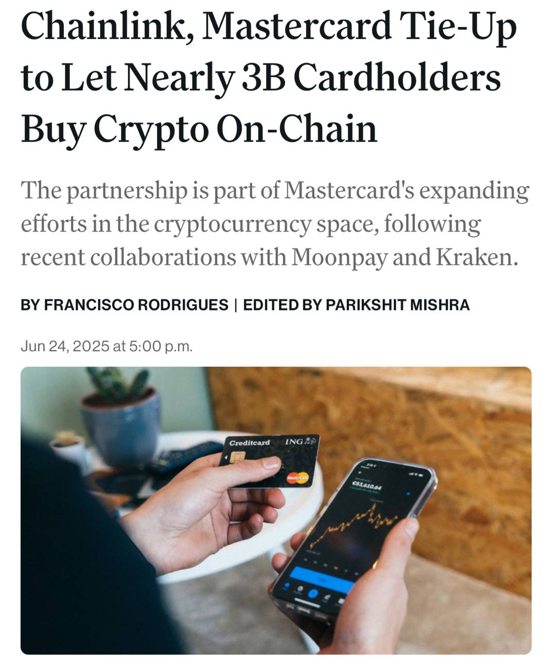 Chainlink и Mastercard объявили о сотрудничестве, в рамках которого более 3 миллиардов держателей карт Mastercard смогут напрямую приобретать криптовалюту через блокчейн. Оставайтесь в курсе последних новостей вместе с