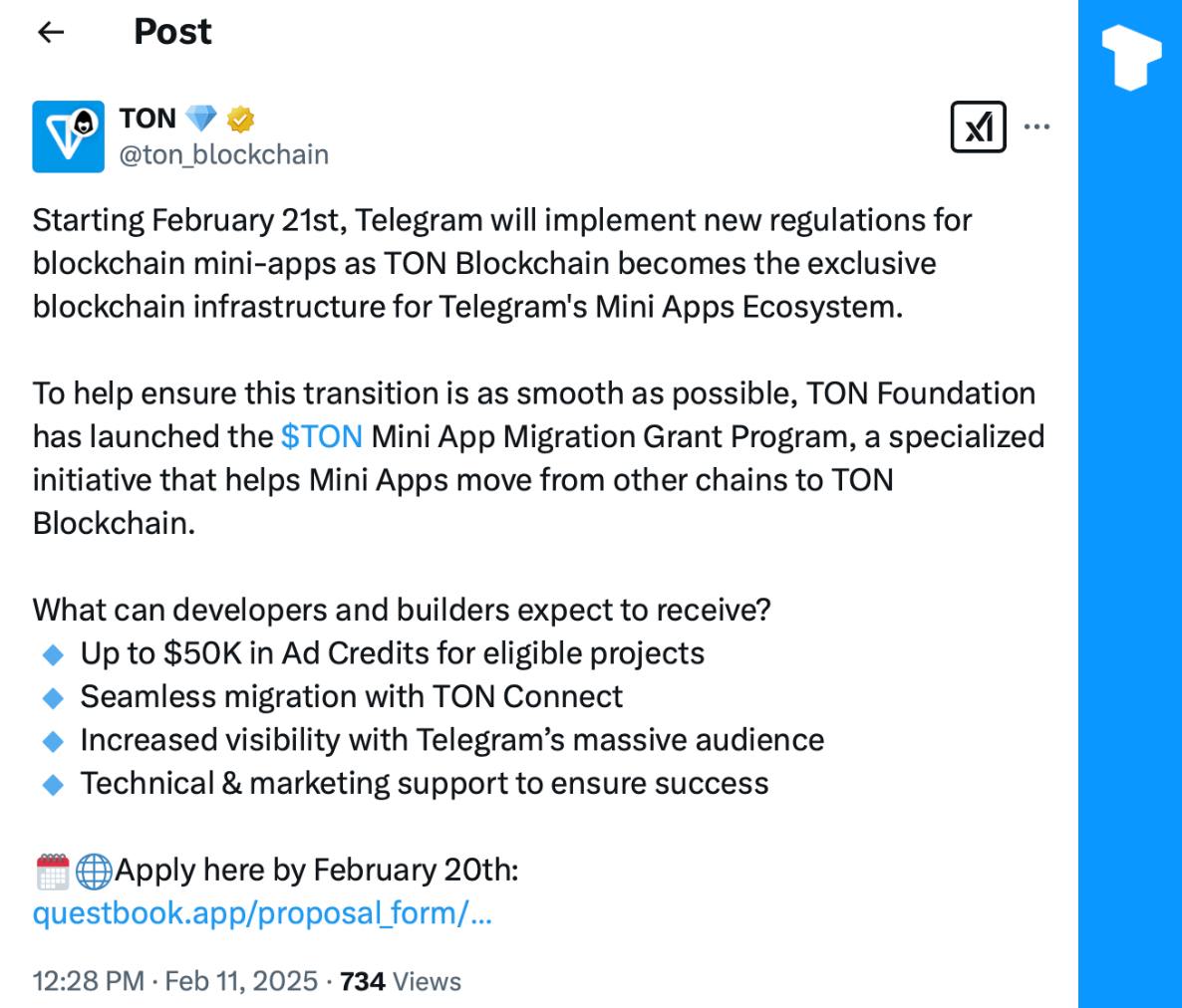 TON Foundation запускает программу грантов на миграцию мини-приложений в экосистему TON, чтобы поддержать переход мини-приложений из других сетей в блокчейн TON, поскольку с 21 февраля Telegram вводит новые правила для мини-приложений на базе блокчейна.    Телеграм  Х    Сообщество  Источник