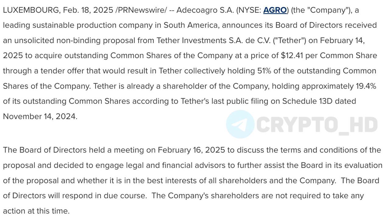 #usdt   В Tether намерены приобрести контрольный пакет акций Adecoagro!  51%   Adecoagro – южноамериканская агропромышленная компания, владеет 210,4 тыс. гектаров сельскохозяйственных угодий и несколькими предприятиями в Аргентине , Бразилии и Уругвае. Рыночная капитализация = 1,240,000,000$+.  Ранее: - расширение в Африке - аналог чипов Neuralink - доля в «Ювентус» - набирает обороты   Crypto Headlines