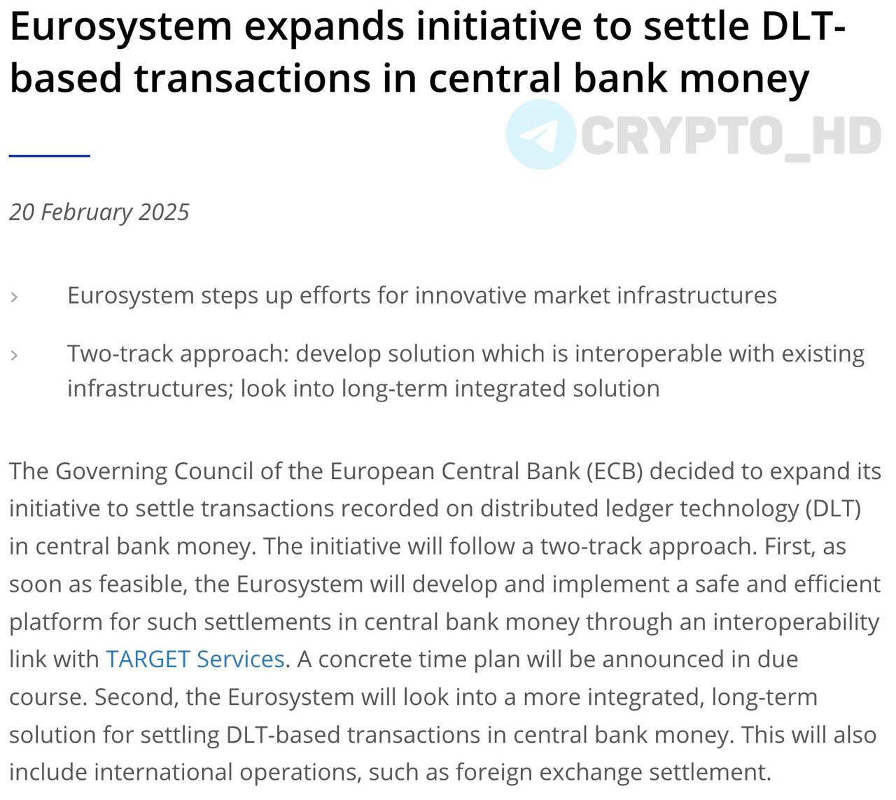 ЕЦБ планирует использовать блокчейн для трансграничных платежей – релиз  Разрабатывается платежная система с использованием технологии распределенного реестра  DLT .  Ранее: IOTA в ЕС  Crypto Headlines