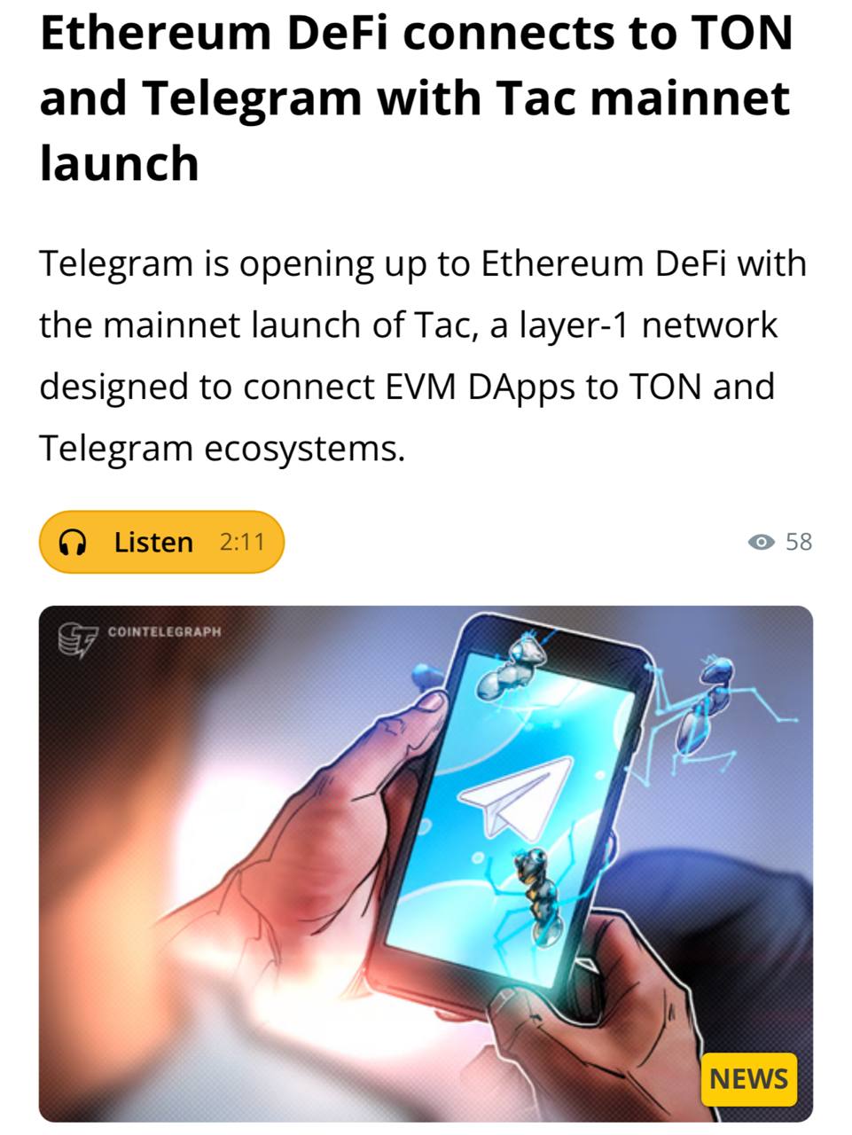 Telegram запускает основную сеть Tac — сторонний блокчейн, который объединяет приложения на базе EVM с TON, тем самым открывая свои двери для DeFi на основе Ethereum. Торгуй с умом на бирже - Bitget