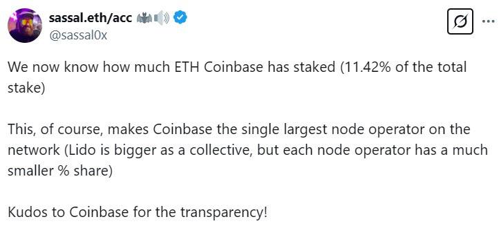 Coinbase – крупнейший оператор узла Ethereum!   Криптобиржа Coinbase теперь контролирует 11,42% стейкинга ETH, став крупнейшим оператором узла в сети Ethereum!   3,84 млн ETH  ~6,8 млрд $  находятся в стейкинге через валидаторов биржи.  99,75% безотказной работы – один из лучших показателей в сети.  Выше среднего уровня участия  99,75% против 99,52% по сети .  Валидаторы Coinbase распределены по разным регионам: Япония, Сингапур, Ирландия, Германия, Гонконг.  Что это значит?  Coinbase становится важным игроком в безопасности и работе сети Ethereum, но это также поднимает вопросы централизации.  Crypto   Azam