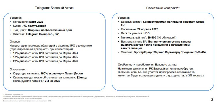 У Telegram есть планы провести IPO во 2-3 квартале 2025 года. Инвесторы могут приобрести корпоративные облигации 2021 года на вторичном рынке с возможностью конвертировать их в акции во время IPO.  Такую информацию стали публиковать TG- каналы     Скидки при конвертации:  • 10%, если IPO состоится до марта 2024 года • 15% до марта 2025 года  • 20% до марта 2026 года    Если IPO не будет, облигации погасят в 2026 году с годовой доходностью 3%.     YouTube   Чат  Торговый клуб   Канал о трейдинге   Invcoin support