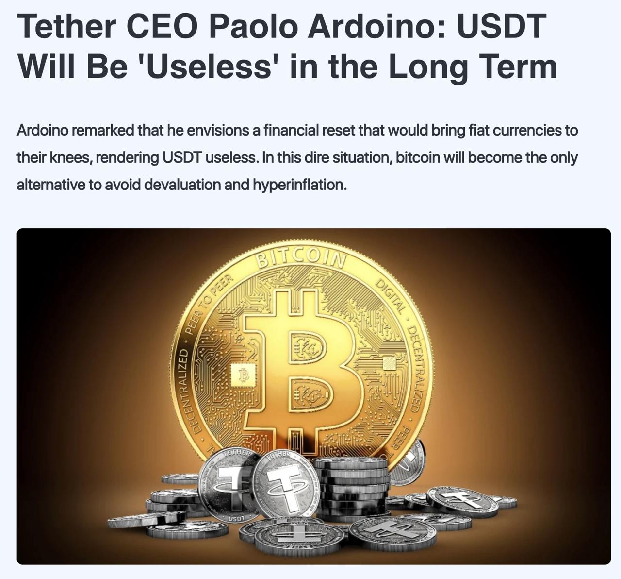 CEO Tether: USDT станет бесполезным  Паоло Ардоино заявил, что в долгосрочной перспективе фиат обесценится, а USDT утратит свою ценность. Он считает, что единственным решением останется Bitcoin.     Торгуй криптовалютой на Bybit  Крипто Стукач   Подписаться