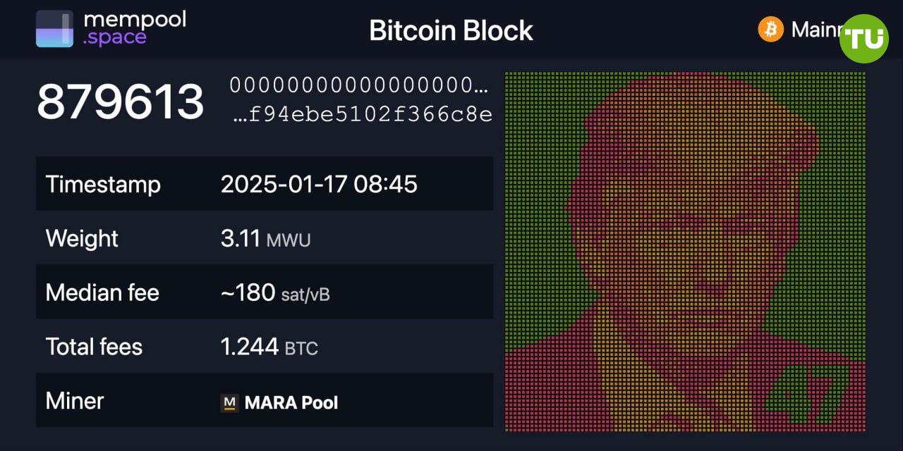 Трамп стал частью криптоистории    Майнинговая компания MARA добавила портрет будущего президента США Дональда Трампа в блок BTC.  Это было сделано в честь его предстоящей инаугурации, которая состоится уже через 3 дня.