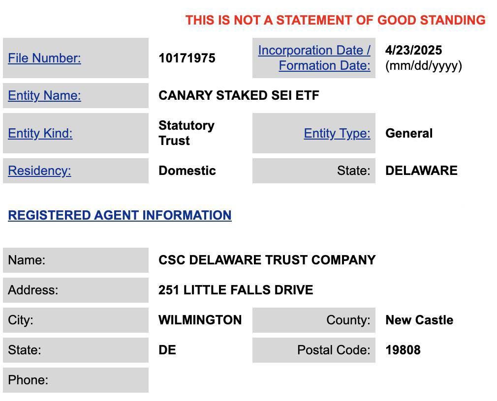 Компания Canary Capital планирует подать заявку на создание SEI ETF с возможностью стейкинга! В настоящее время документ доступен только на официальном сайте штата Делавэр, что обычно предшествует подаче заявки в SEC. КриптоТрейдер 888: КАНАЛ ЧАТ MEXC - биржа с самыми низкими комиссиями на торговлю.