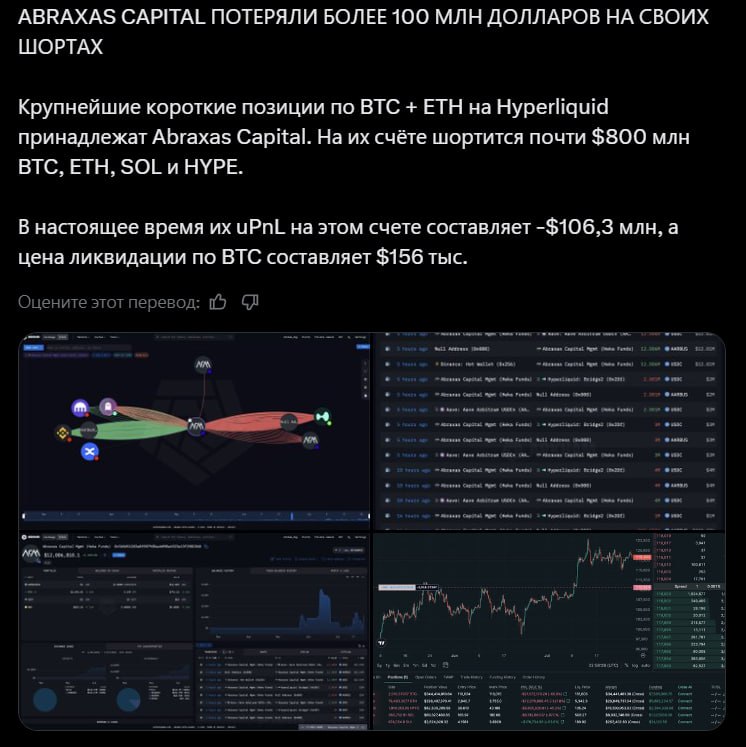 Шорт на $800млн Криптофонд Abraxas Capital держит короткие позиции по $BTC, $ETH, $SOL и $HYPE на HyperLiquid с пелчами Х5-Х10 Из-за роста рынка их убытки на данный момент превышают $100млн, а ликвидация наступит при росте ВТС до $156к за монету Что ж — топливо для взлета копится Crypto