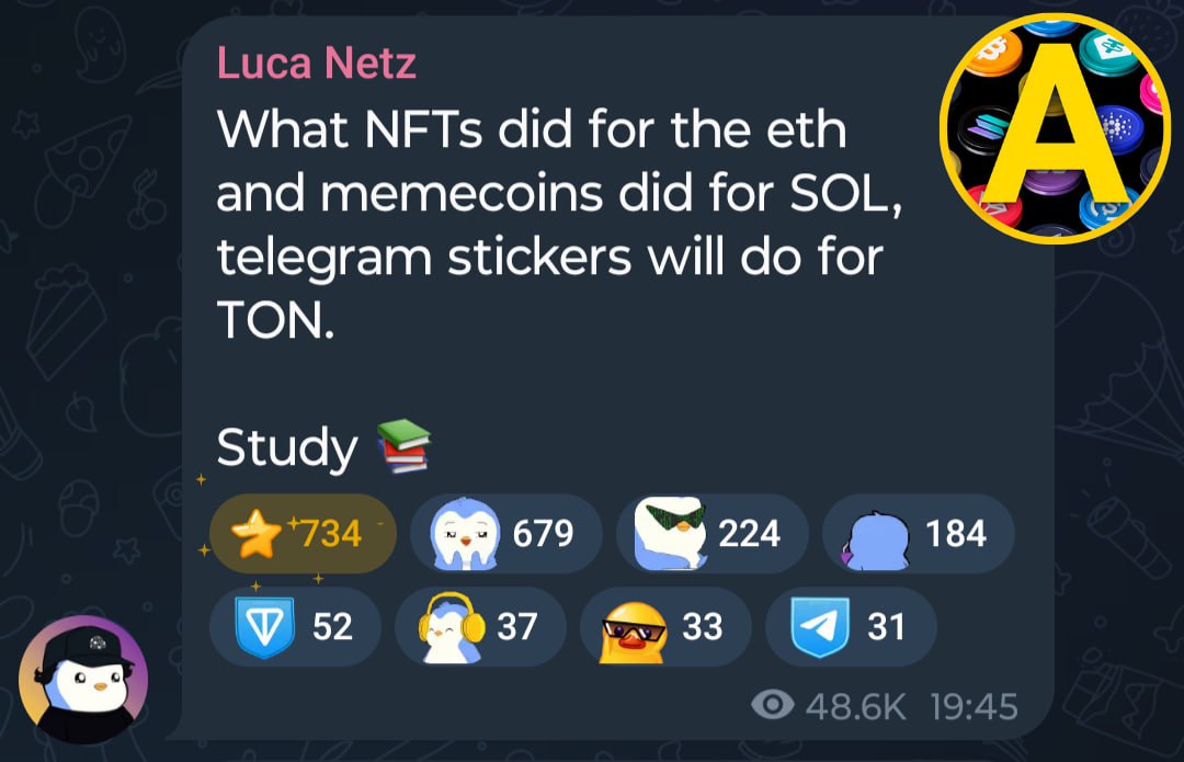 CEO Pudgy Penguins о стикерах Телеграм: «То, что NFT сделали для eth, а мемкоины — для SOL, стикеры Telegram сделают для TON» А как мы помним, ранее он заявлял, что обязательно что-то сделает со стикерами пингвинов. У меня такое ощущение, что создателю пингвинов сели плотненько на уши, и он теперь витает в облаках. Ну не верю я что они из стикеров сделают победную историю. Не верю. Но буду рад ошибаться Sticker Store Купить звёзды дёшево без KYC Арчер про крипту Арчер про игры