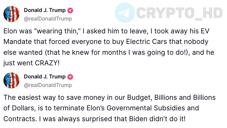 Дональд Трамп: Илон Маск выгорел, поэтому я попросил его уйти. Я отменил его мандат на электромобили, который заставлял людей покупать его машины они уже никому не нужны . Он знал об этом уже несколько месяцев, но все равно взбесился! Хотите сэкономить миллиарды долларов из бюджета? Очень просто – надо прекратить давать Илону государственные деньги и контракты. Удивительно, что Байден этого не сделал! Ранее: - Трамп разочарован - Маск хейтит налоговый законопроект Crypto Headlines