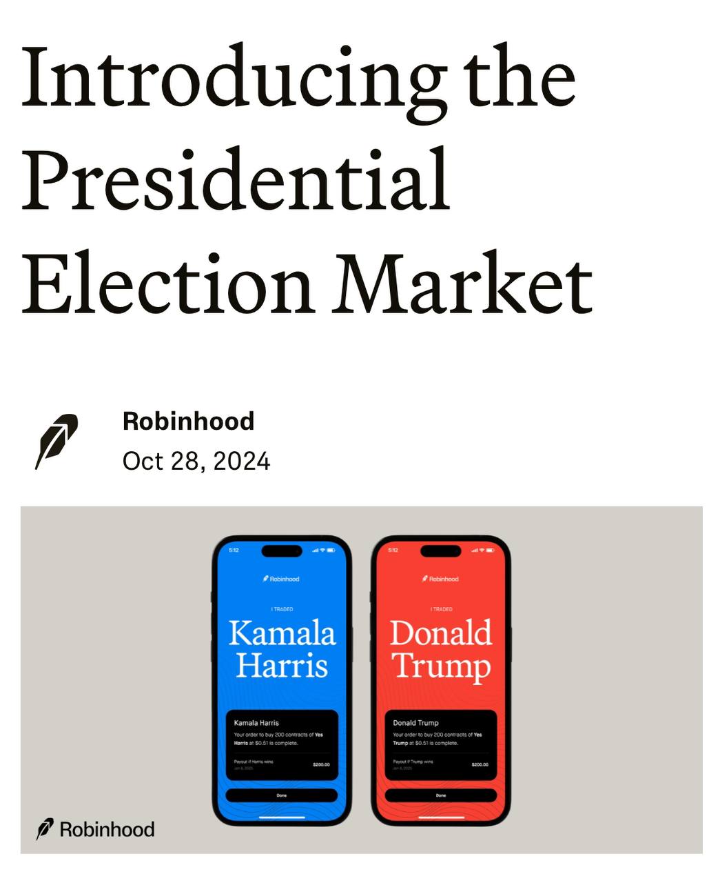 Robinhood запускает торговлю контрактами на выборы президента США  На Polymarket объем ставок на президентские выборы в США превысил $2.4 млрд.  Крипта • Биткоин • Аналитика