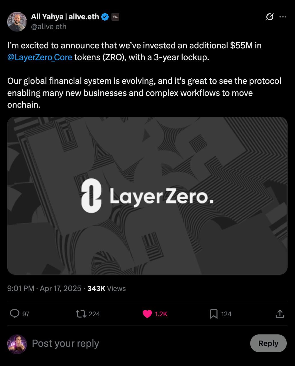 Andreessen Horowitz инвестировал $55 млн в токены ZRO!  Один из самых влиятельных венчурных фондов в мире продолжает делать ставку на инфраструктуру Web3. A16z приобрёл токены ZRO от LayerZero, демонстрируя уверенность в будущем межсетевых решений и кроссчейн-коммуникаций.  Такой шаг может стать важным сигналом для всего рынка!  #LayerZero   CRYPTO LADY:   Youtube   Telegram   Twitter    TikTok  ТОРГУЮ на:   OKX  PrimeXBT   BYBIT   BingX