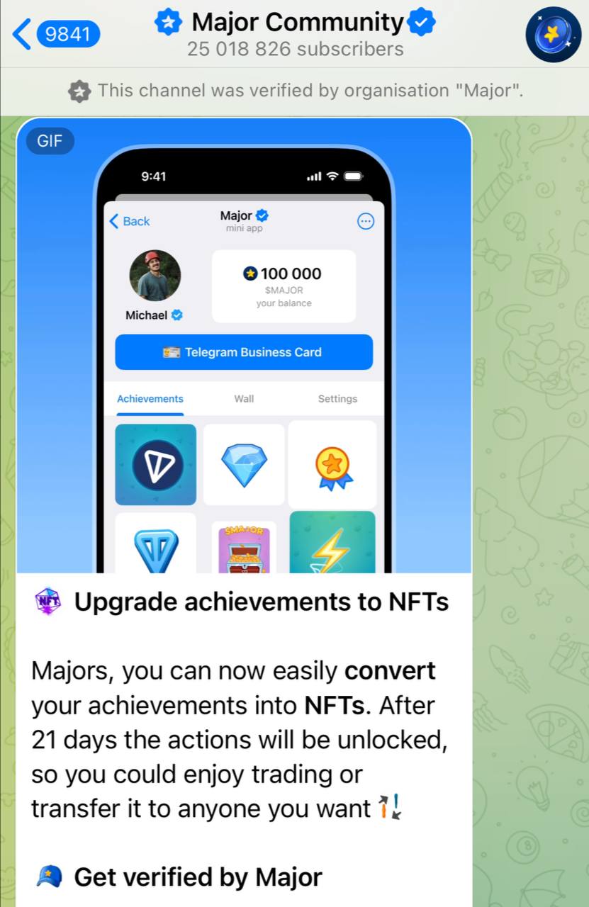 Major добавил NFT-достижения и бизнес-карты  Теперь все свои ачивки можно конвертировать в NFT. А через 20 дней у юзеров появится возможность торговать ими.  Что касается бизнес-карты: любой человек, имеющий у себя 20.000 $MAJOR и заплативший 20.000 звезд получает галочку от приложения. Теоретически, любой скаммер с толстым кошельком теперь сможет еще эффективнее разводить людей за счет этой верификации.  Зайти — Major.