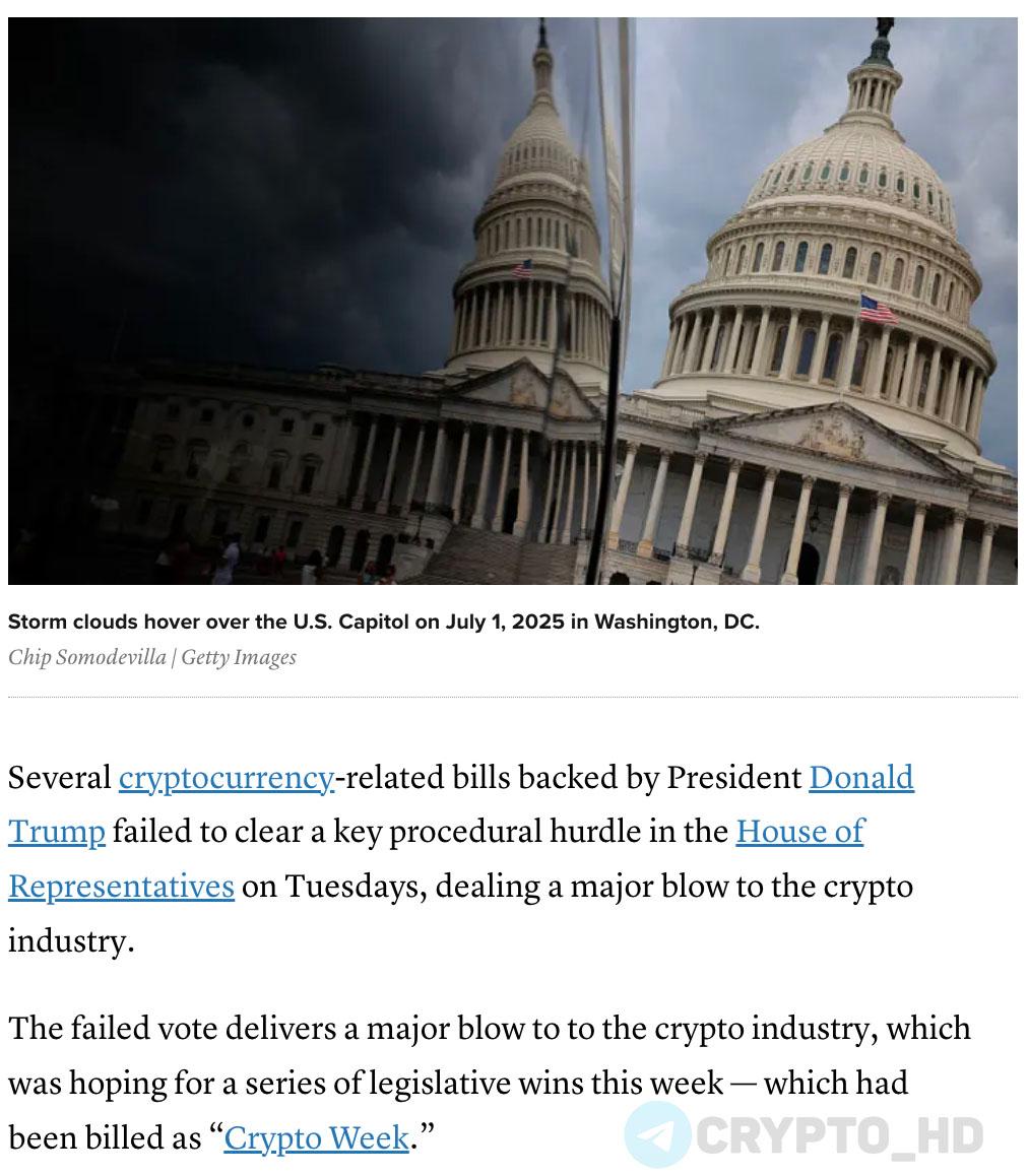 Блокировка криптовалютных законопроектов в Конгрессе – CNBC GENIUS, CLARITY и Anti-CBDC не прошли процедурное голосование в Палате представителей США, которое открывает путь к дальнейшему рассмотрению законопроектов. Дональд Трамп раскритиковал чиновников за блокировку законопроектов – FOX 13 республиканцев пошли против Трампа и встали на сторону демократов, заблокировав дальнейшее рассмотрение документов. Повторное голосование состоится в среду. Ранее: призыв Дональда Трампа Crypto Headlines
