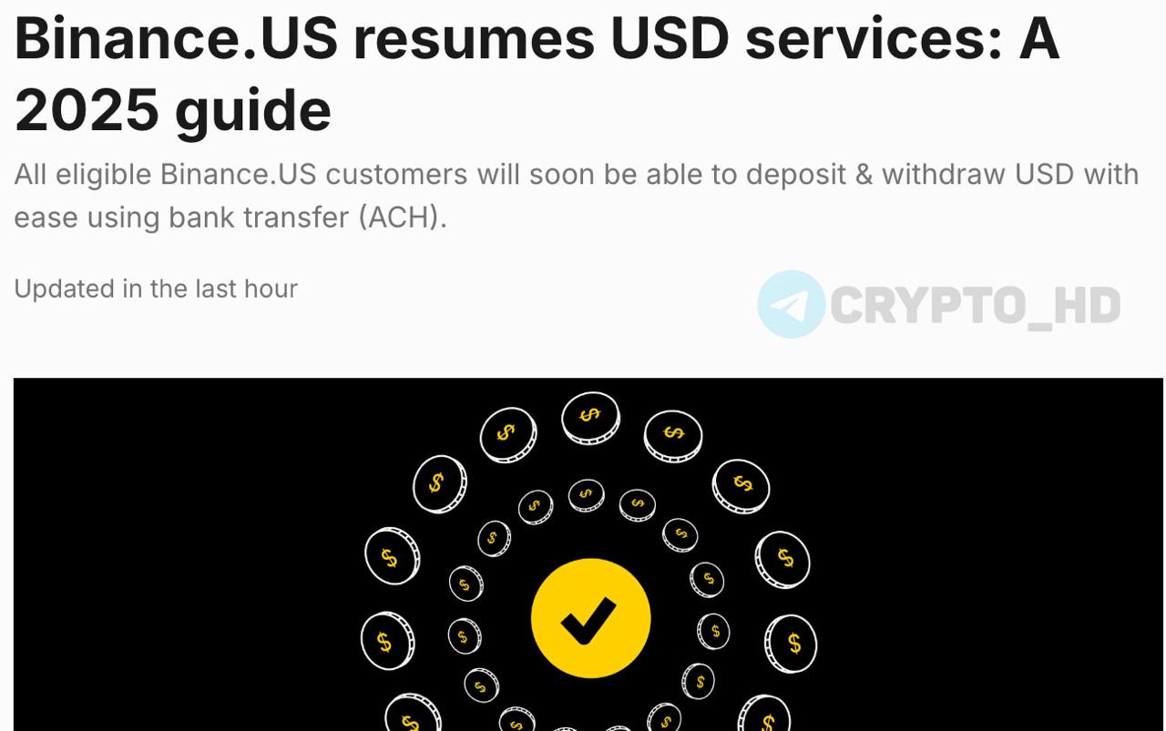 Биржа Binance US объявила о возобновлении ввода/вывода средств в USD – original  + анонсирован релистинг 10 торговых пар: BTC/USD, XLM/USD, DOGE/USD, SOL/USD, ETH/USD, ADA/USD, HBAR/USD, SHIB/USD, SUI/USD и BNB/USD.  Ранее: отказ от USD  2023 г.   Crypto Headlines