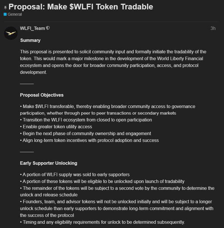 Криптопроект семьи Трампа World Liberty Financial готовится к запуску токена $WLFI на биржах  Если предложение будет одобрено, ранние инвесторы получат доступ к своим токенам, в то время как доли команды и советников останутся замороженными.  Голосование уже стартовало.  Что ж, ждем Trump 2.0.    Crypto Chat   Exchange   ADS