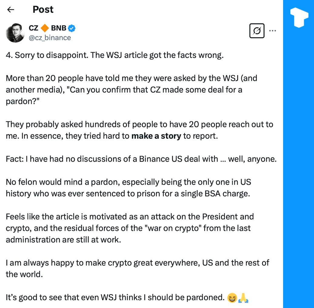 CZ утверждает, что сообщение WSJ о сделках между Трампом и Binance является ложным, отмечая, что они никогда ни с кем не вели переговоров.    Телеграм  Х     Сообщество  Источник