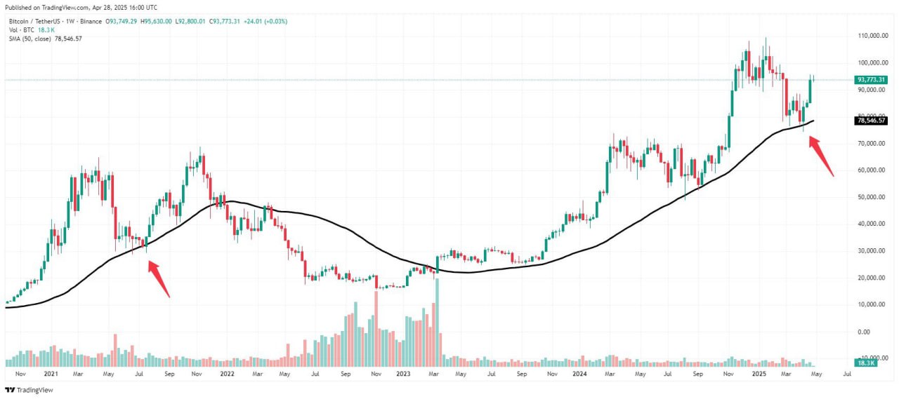 #BTCОбзор BTC выдержал 32% коррекцию и сохранил ключевую поддержку Это открывает возможность для повторения сценария двойного пика, как в 2021 году. Что стоит учесть: - Активные покупки BTC китами, включая BlackRock, продолжают поддерживать рынок. В ближайшее время на крипторынок могут повлиять несколько факторов: - Заседание ФРС 7 мая с возможными новыми решениями по ставкам. - Индикатор Total 3 может показать готовность альткоинов к росту. - Сигнал от S&P 500 на возвращение к восходящему тренду. Что нас ждёт? В сочетании с позитивной динамикой на традиционных рынках это может дать импульс для дальнейшего роста криптовалюты. BTC сохраняет доминирование: По данным Kaiko, доминирование биткоина продолжает расти. - Анализ рынка опционов указывает на высокий шанс роста BTC до $100 000 после 30 мая — вероятность этого составляет 37%. Вполне возможно, что в мае мы увидим более активный рост альткоинов, которые получат шанс на разворот. Crypto Chat Exchange ADS