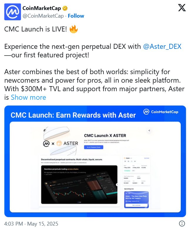 CoinMarketCap представил платформу CMC Launch для «pre-TGE кампаний». Первым из таких стала DEX Aster. Новости AI YouTube
