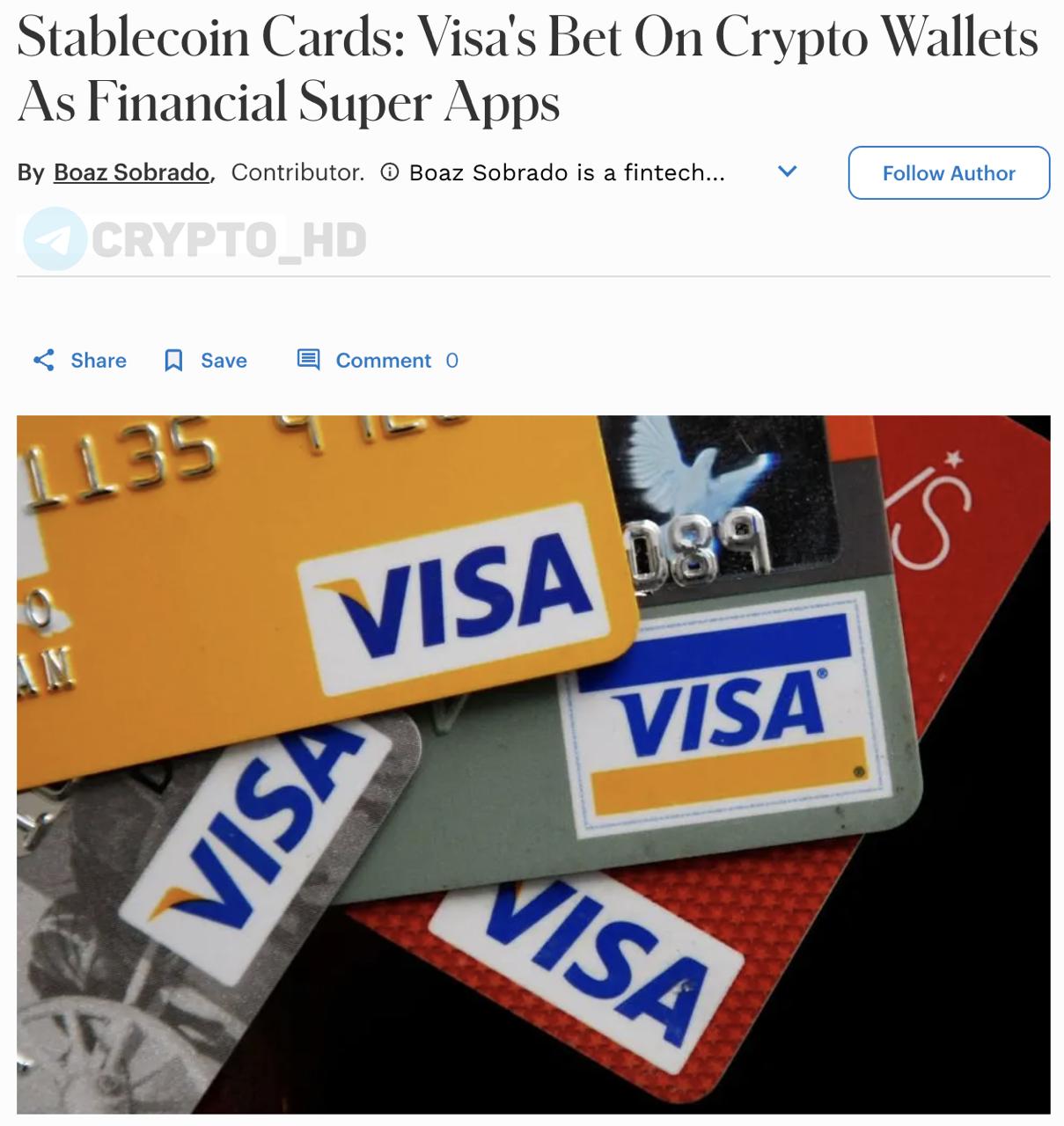 Visa и Baanx объявили о партнерстве Forbes Visa и Baanx запускают новый тип карт, привязанных к стейблкоинам и работающих с некостодиальными криптокошельками. Пользователи смогут тратить USDC напрямую из своего кошелька — в любом месте, где принимается Visa. Смарт-контракты обеспечивают мгновенный перевод стейблкоинов и их автоматическую конвертацию в фиат при каждой оплате. Эти решения разделяют хранение и платежи, что ставит под сомнение традиционную модель банков, основанную на контроле над клиентскими средствами. Ранее: - World Network и Visa - Visa и Bridge - MetaMask Metal Payment Card - Baanx и Mastercard Crypto Headlines