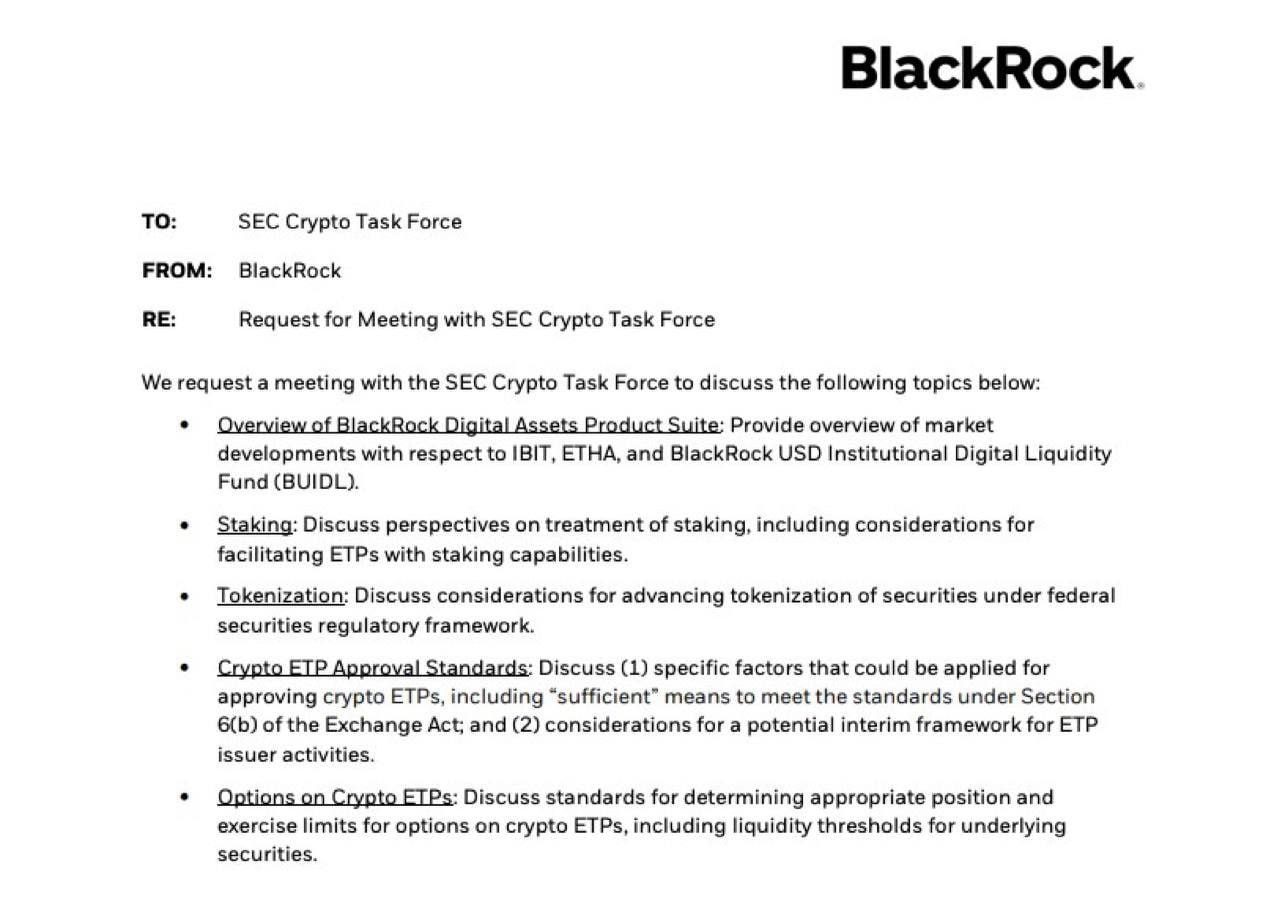 BlackRock встретилась с криптоподразделением SEC BlackRock провела встречу с криптогруппой SEC, чтобы обсудить стейкинг, токенизацию, стандарты одобрения ETF и даже опции ETF. Похоже, TradFi не просто наступает — он устанавливает правила.